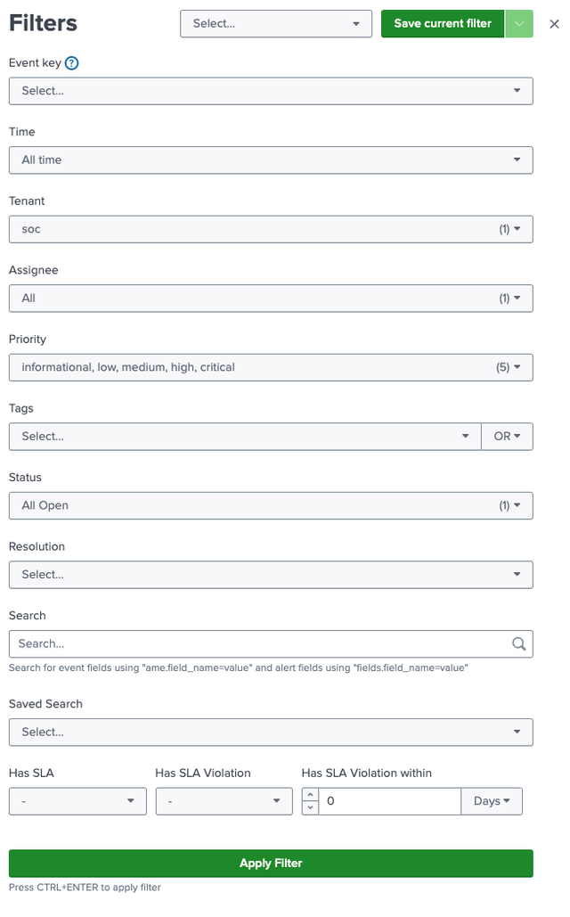Event Filters Panel